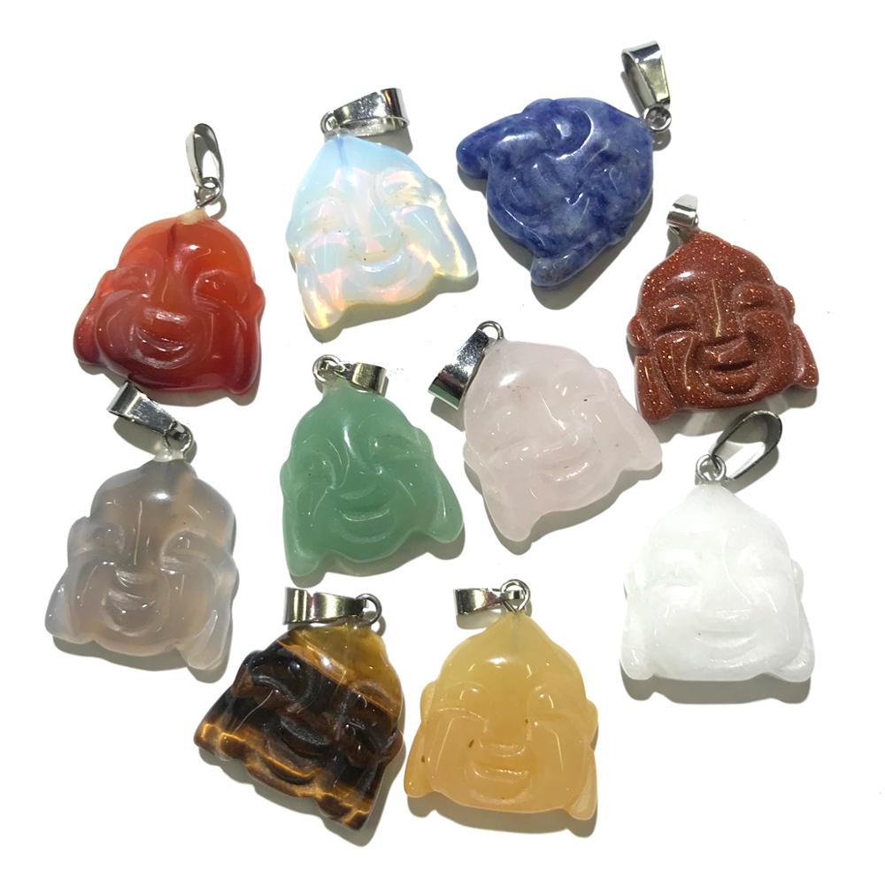 1PC Natural Agates Pendant Buddha Head Shape Rose Quartzs Tiger Eye Stone Pendants for Making DIY Jewelry Necklace Size20x23mm