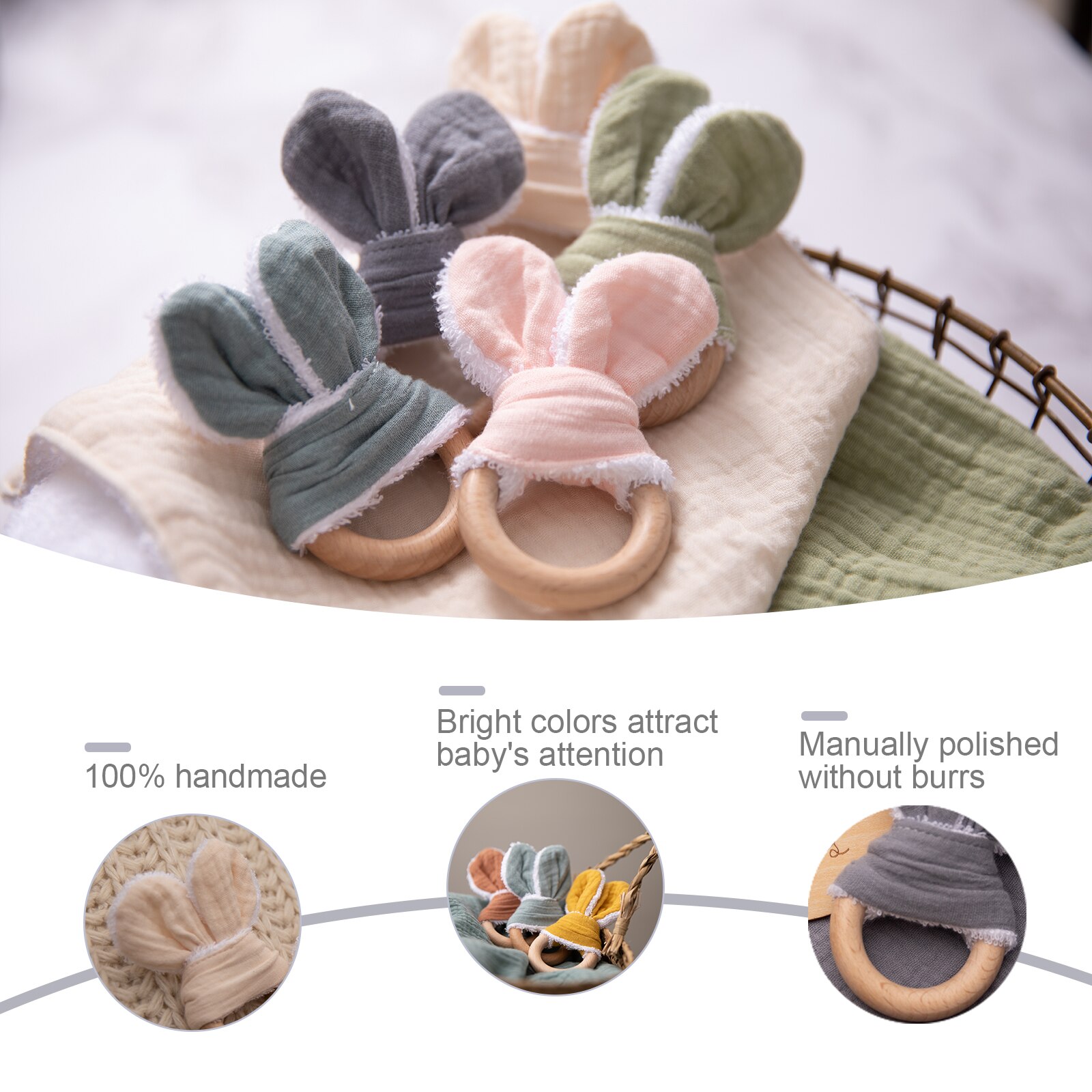 2 teile/satz Baumwolle Hase Ohr Rasseln Spielzeug Baby Buche Holz Zahnen Diy Armbinde Kinderwagen Kette Hase Ohr Baby Rassel Spielzeug