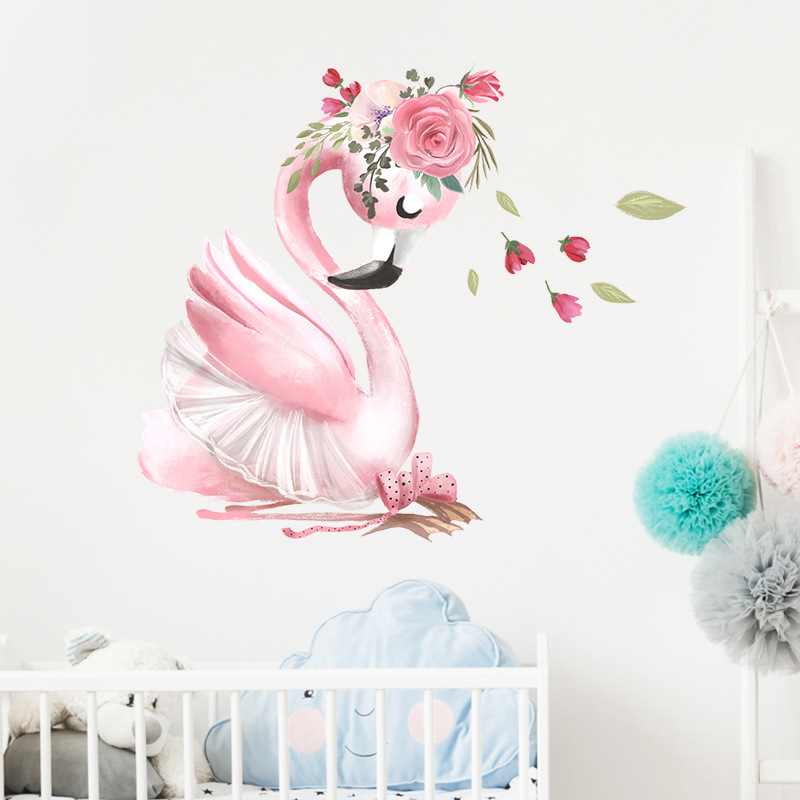 Cartoon Pink Swan Flower Wall Stickers Baby Kids Room Wall Decoration Wallpaper Girl Bedroom Living Room Nursery Stickers Decals