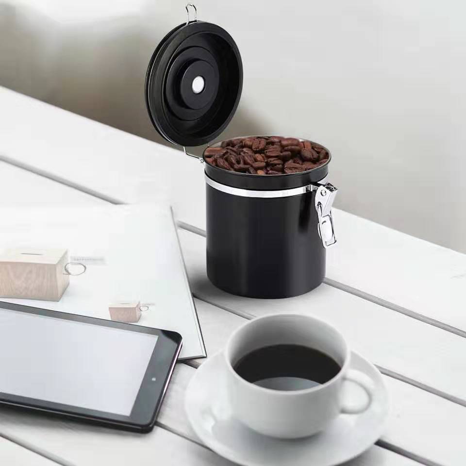 Kaffebehållare kaffeburk stor lufttät teförvaringslåda i rostfritt stål svart köksförvaringsbehållare kaffetecaddies