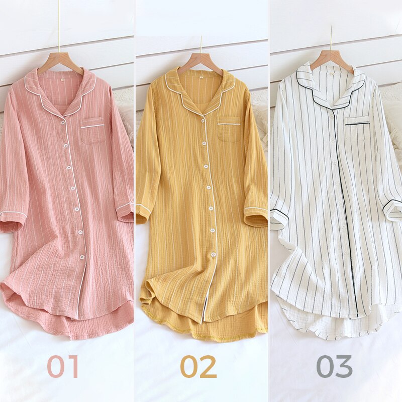 Lente Zomer Lady Katoen Nachthemden Nachthemden Vrouwen Eenvoudige Nachtkleding Crêpe Gestreepte Thuis Pyjama Plus Size Sleepdress