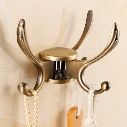 European Wall Hooks Golden Brass Swivel Coat Rack Coat Hanger Hook Movable Rotary: Antique brass