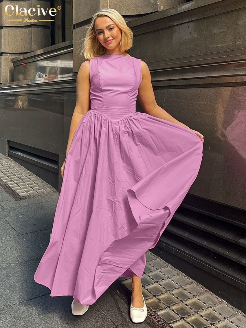 Clacive Summer Slim Pink Women's Dress O-Neck Sleeveless Ankle Length Dresses Classic Pleated Female Dress