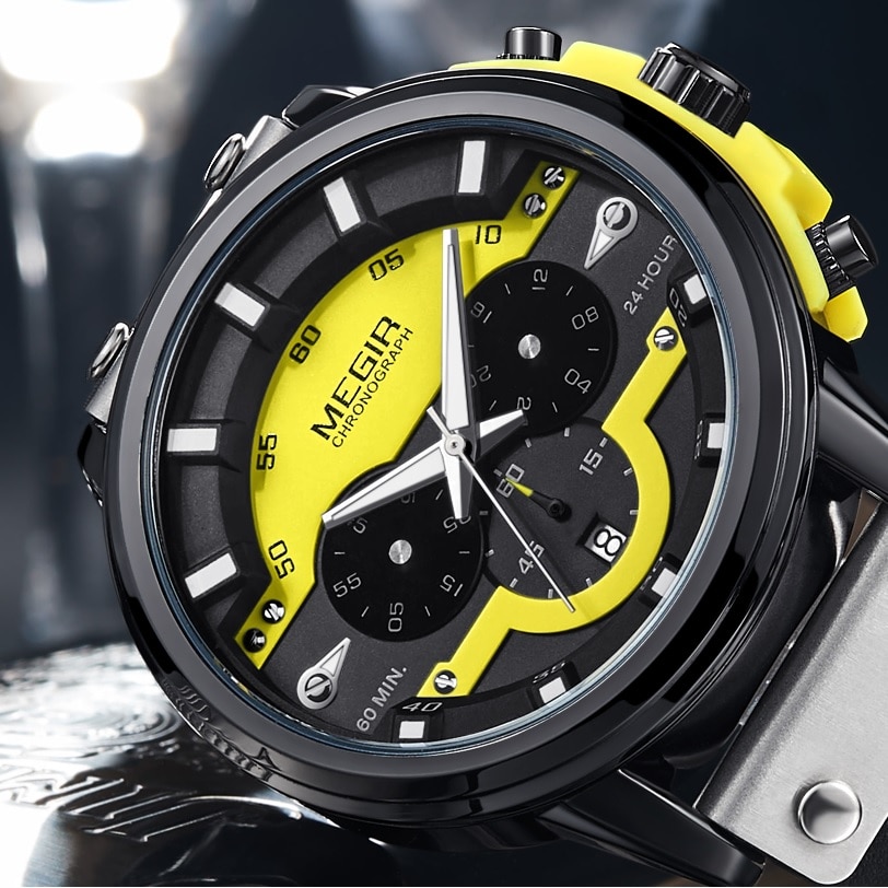 Megir 24 Uur Chronograaf Quartz Horloges Waterdicht Casual Lederen Horloge Voor Man Lichtgevende Handen Sport Horloge 2080 Geel