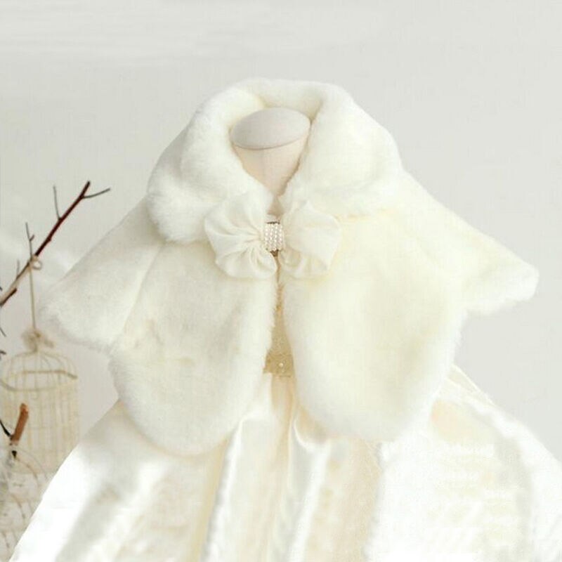 Capa de piel sintética abrigada para invierno para niñas, capa de pelo sintético blanco con lazo para boda o , abrigo clásico de pelo de imitación para niñas: 4T