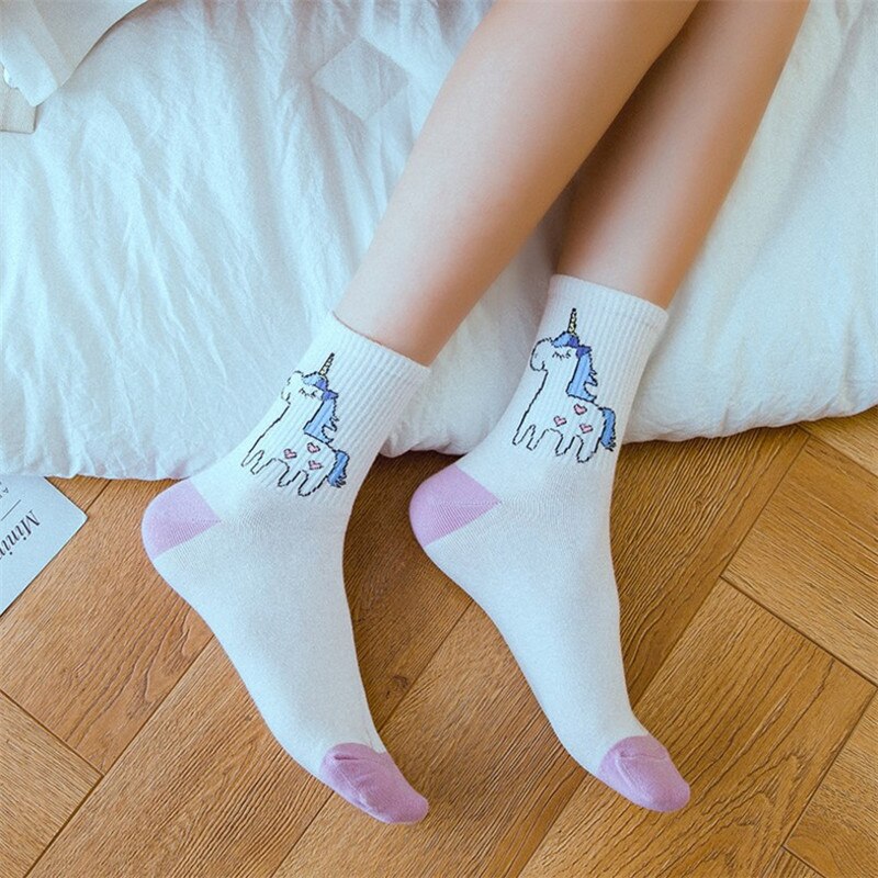 Herfst dames katoenen eenhoorn sokken cartoon dieren populaire grappige sokken kawaii cartoon eenhoorn patroon kunst vrolijke sokken meias