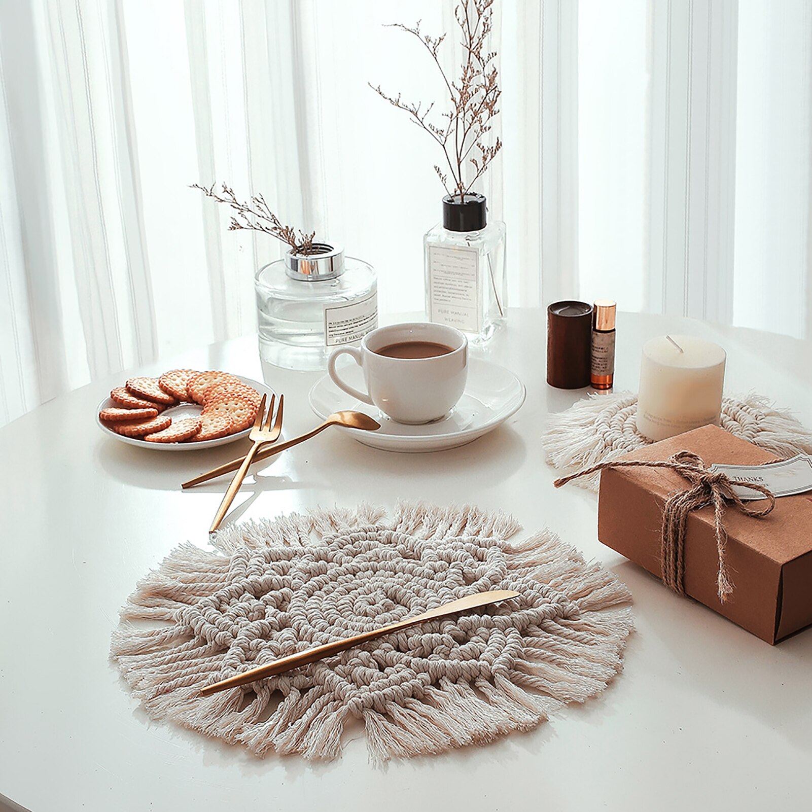 Nordisk rundvävd solrosvärmeisolering macrame placemat kuddeunderlägg