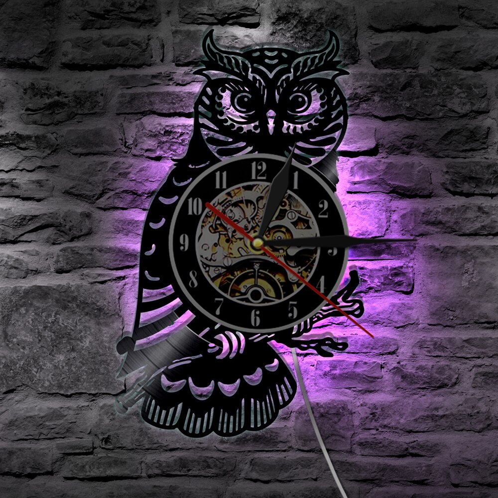 Chouette Horloge Murale Hibou Disque Vinyle Horloge Murale avec LED Lumière salon Décoration de La Maison reloj de épurée relojes
