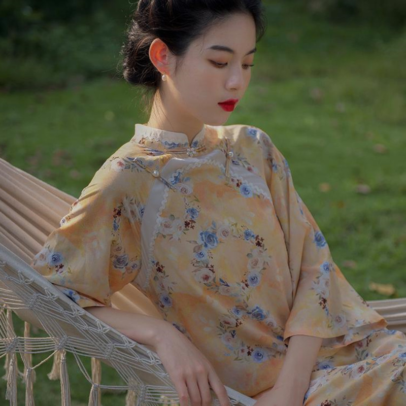Mulberry-zijden qipao-jurk: gebloemde cheongsam met mandarijnkraag - België