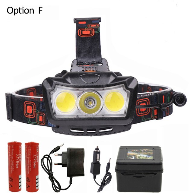 Super Heldere Led Koplamp T6 + 2COB Led Koplamp Koplamp Waterdichte Zaklamp Lanterna Hoofd Licht Gebruik 2*18650 batterij Voor Camping: Option F