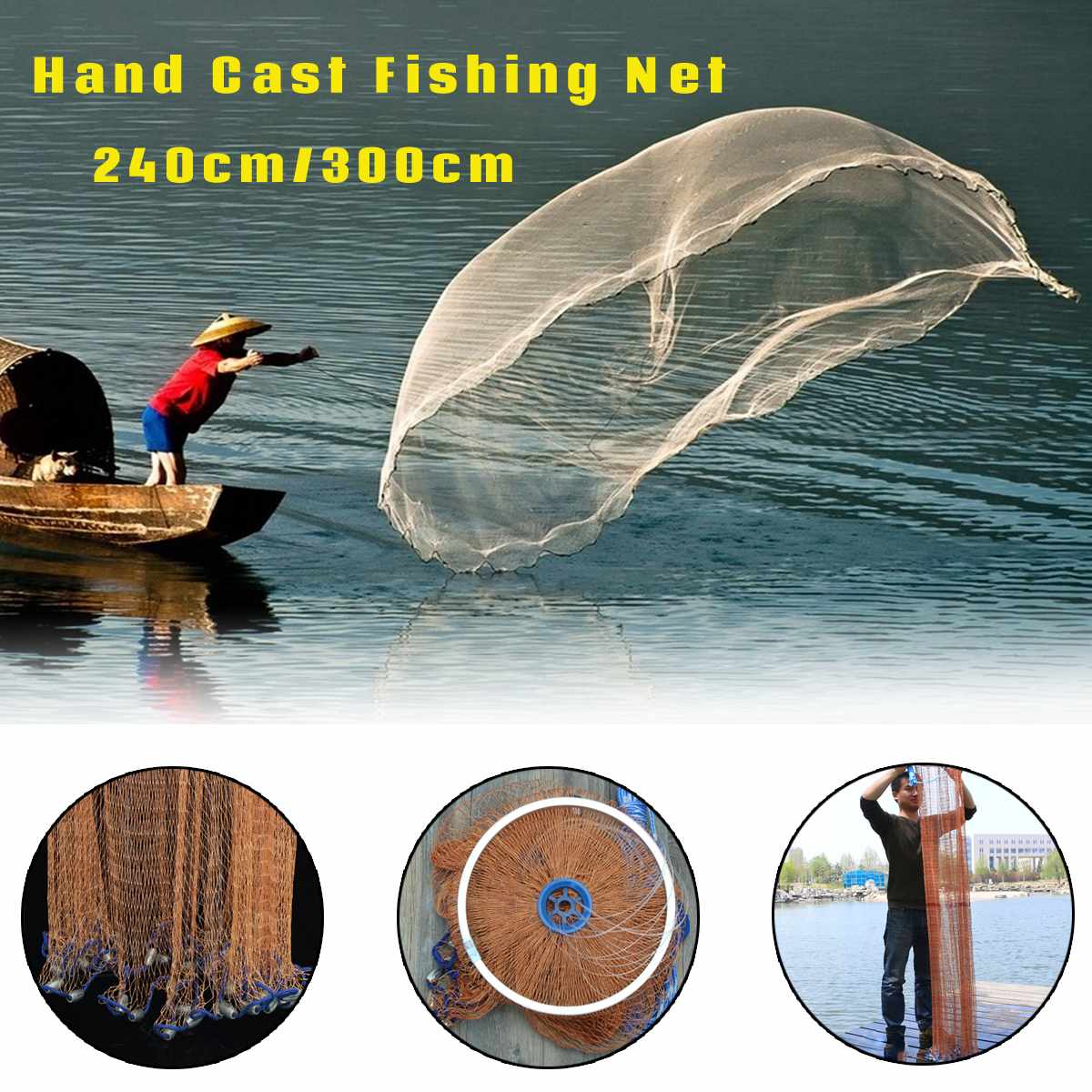3meters Nylon Net Large Hand Cast Fishing Spin Network Bait Net w/Sinker Durable Carp Fishing Tackle Accessory