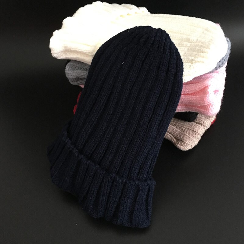 Gorro con pompones de piel para mujer, gorro de punto, gorros gruesos, de invierno: navy blue / kid size