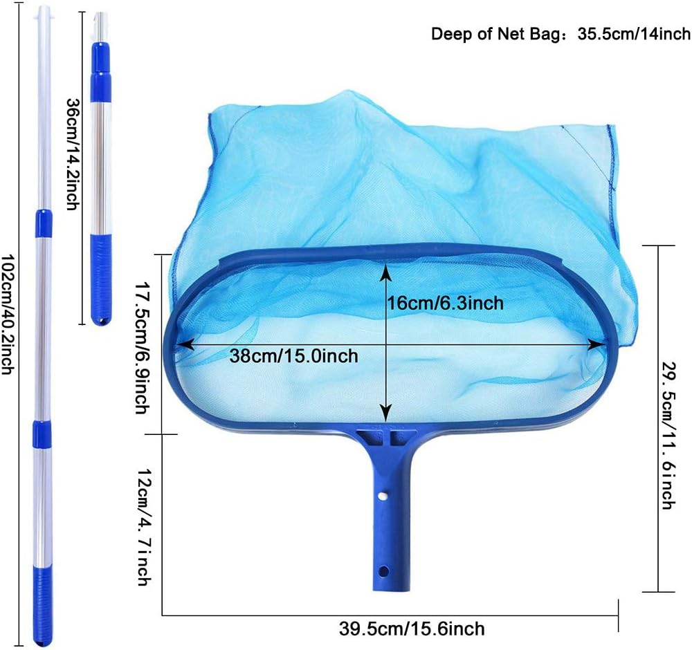 Deep Skimmer Net with 17"-40" Telescopic Pole Leaf Skimmer Fine Mesh Net Rake Net for Cleaning Above Ground Inground Pool Tu