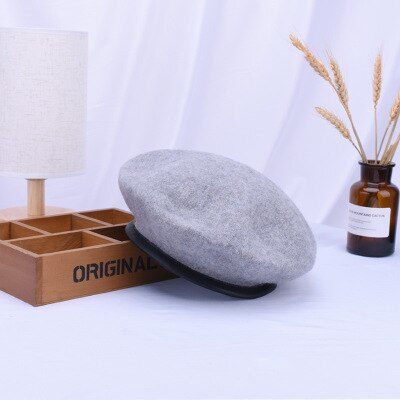 Ymsaid skóra francuski beret czapka czarna kobieta 100 wełna czuł malarze berety dla kobiet zima jesień czapka typu czapka bez daszka rozmiar 56-58cm: lekki szary