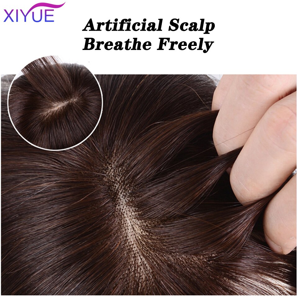 XIYUE Center frange haut cheveux pièces avec frange fait à la main demi-tête perruque droite naturel Invisible remplacement synthétique cheveux pièce