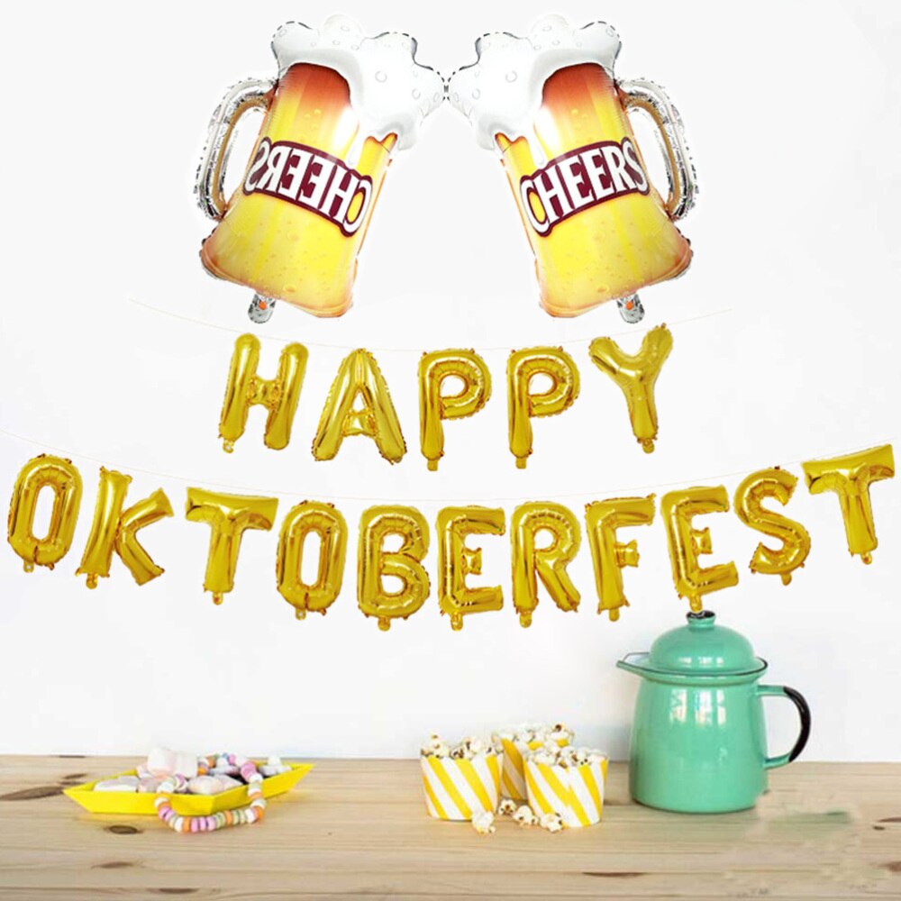 1 sæt folieballoner glad oktoberfest bogstaver ølkopper mønstre mylar helium balloner festindretning (gyldne)
