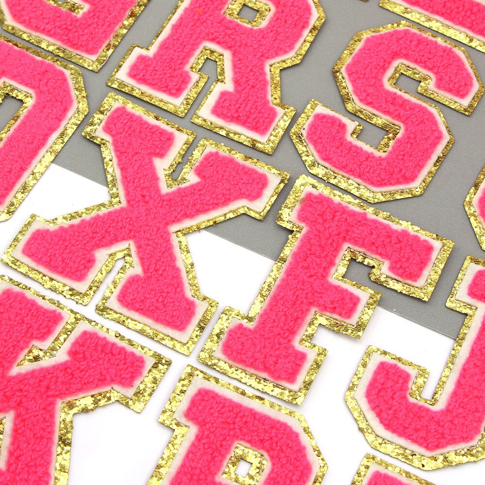 Parche con letras bordadas de rosas grandes de 80MM para ropa, parches de chenilla con lentejuelas doradas, apliques para planchar, camiseta con nombre DIY, pantalones vaqueros