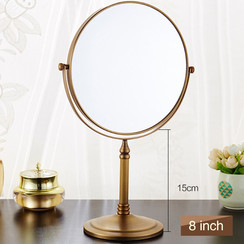 QINGYU ELEVEN 8 inch Soild Brass Bath Mirror European style Wall Mounted Double Sided Adjustable Round Cosmetic Beauty Mirror: Desktop-antique