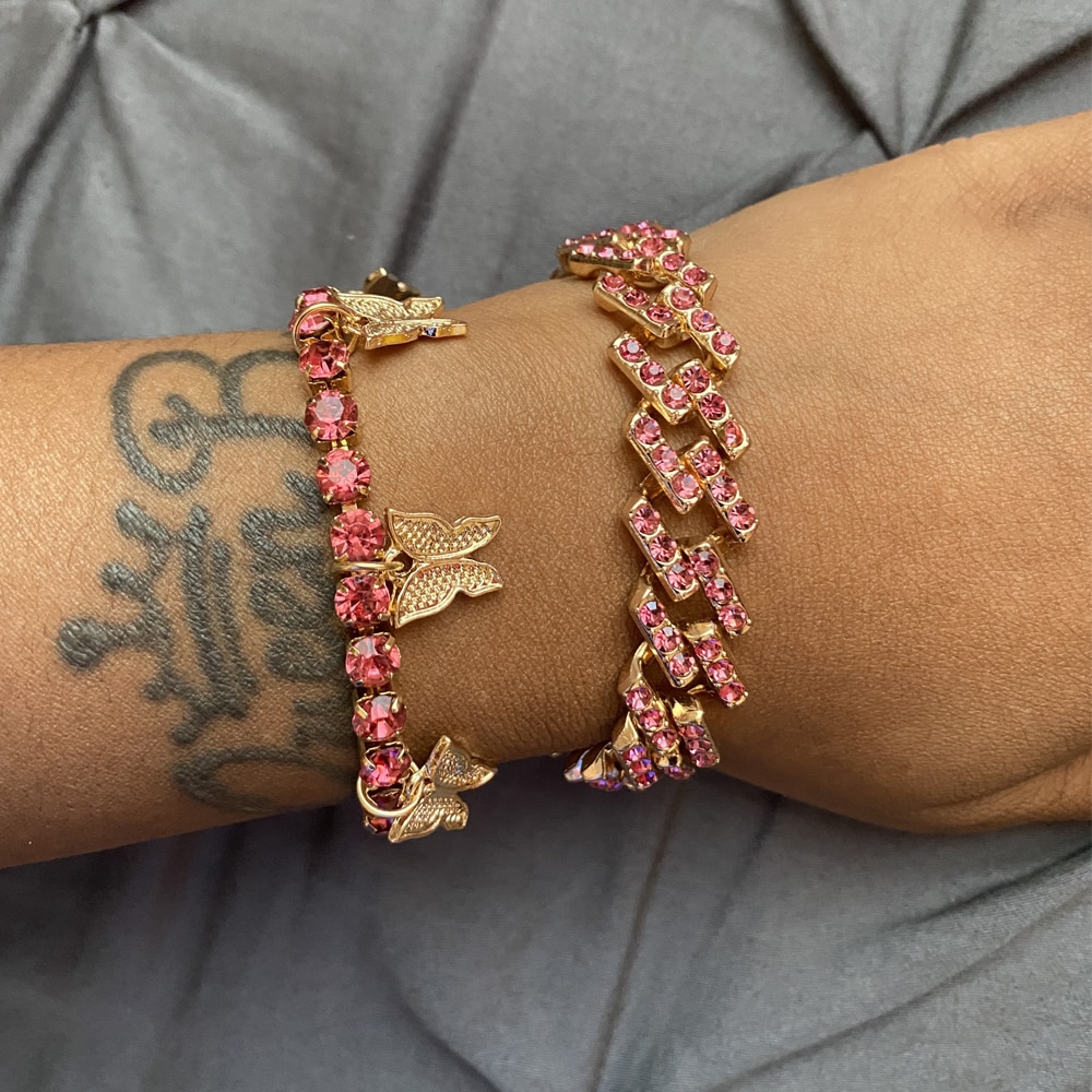 Rhinestone sommerfugl armbånd sæt charms cubanske armbånd til kvinder iset ud cubanske link kæde trendy krystal smykker