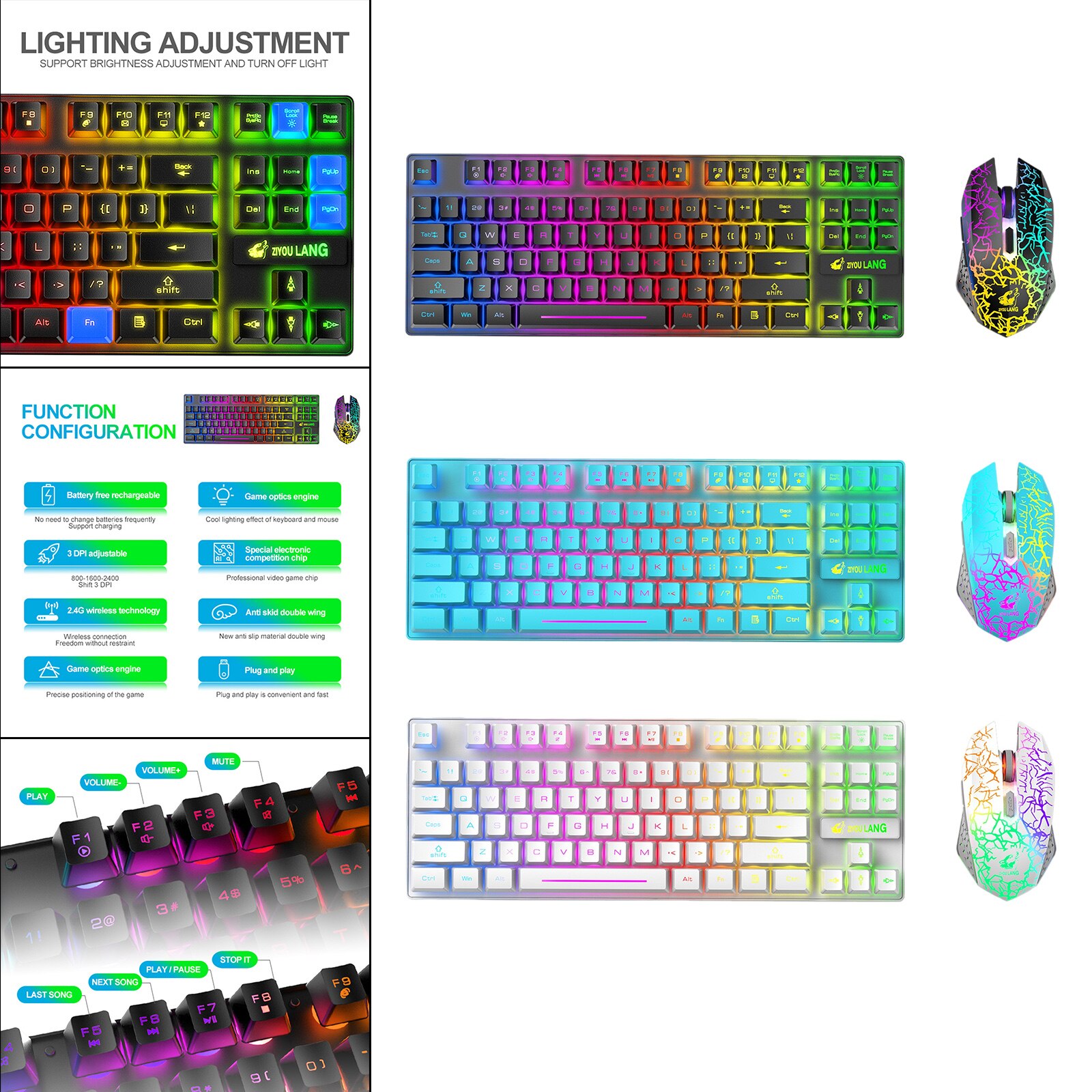 Wireless RGB Backlit Keyboard and Mouse Set, Button Mute for for Work and Game