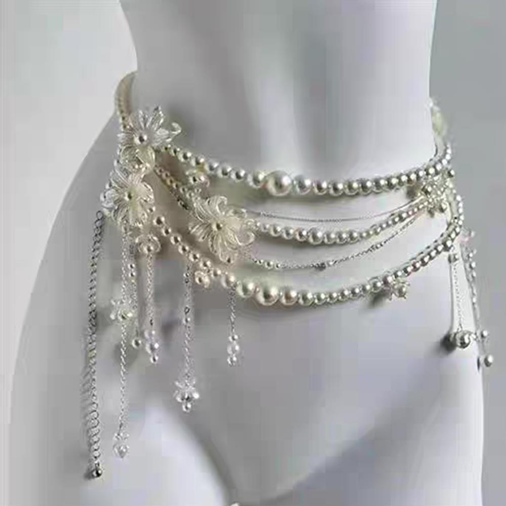 Sexy Geometrische Parel Taille Ketting Voor Vrouwen Bloem Kwastje Dubbellaags Kralen Ketting Riem Streetwear Zomer Mode Lichaam Sieraden: WHITE