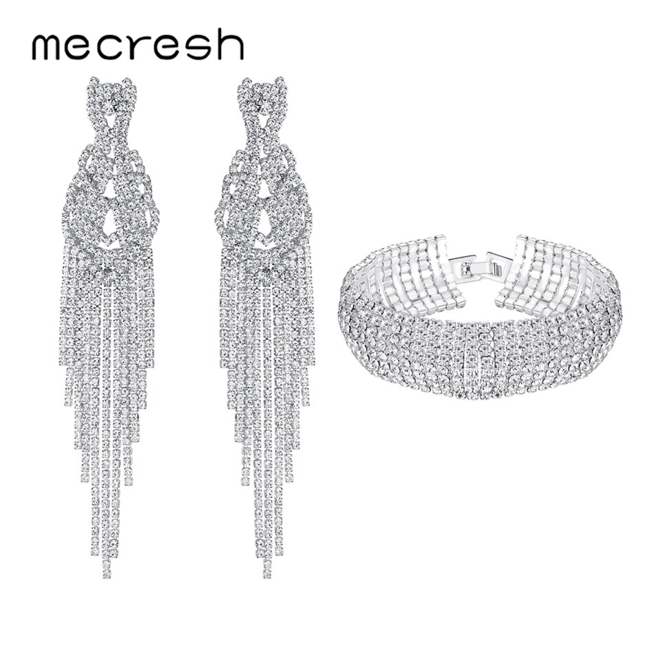 Mecresh Statement Color Rhinestone Super Long Tassel Earrings Bracelet Set Bridal Wedding Jewelry Set for Women EH1000+SL