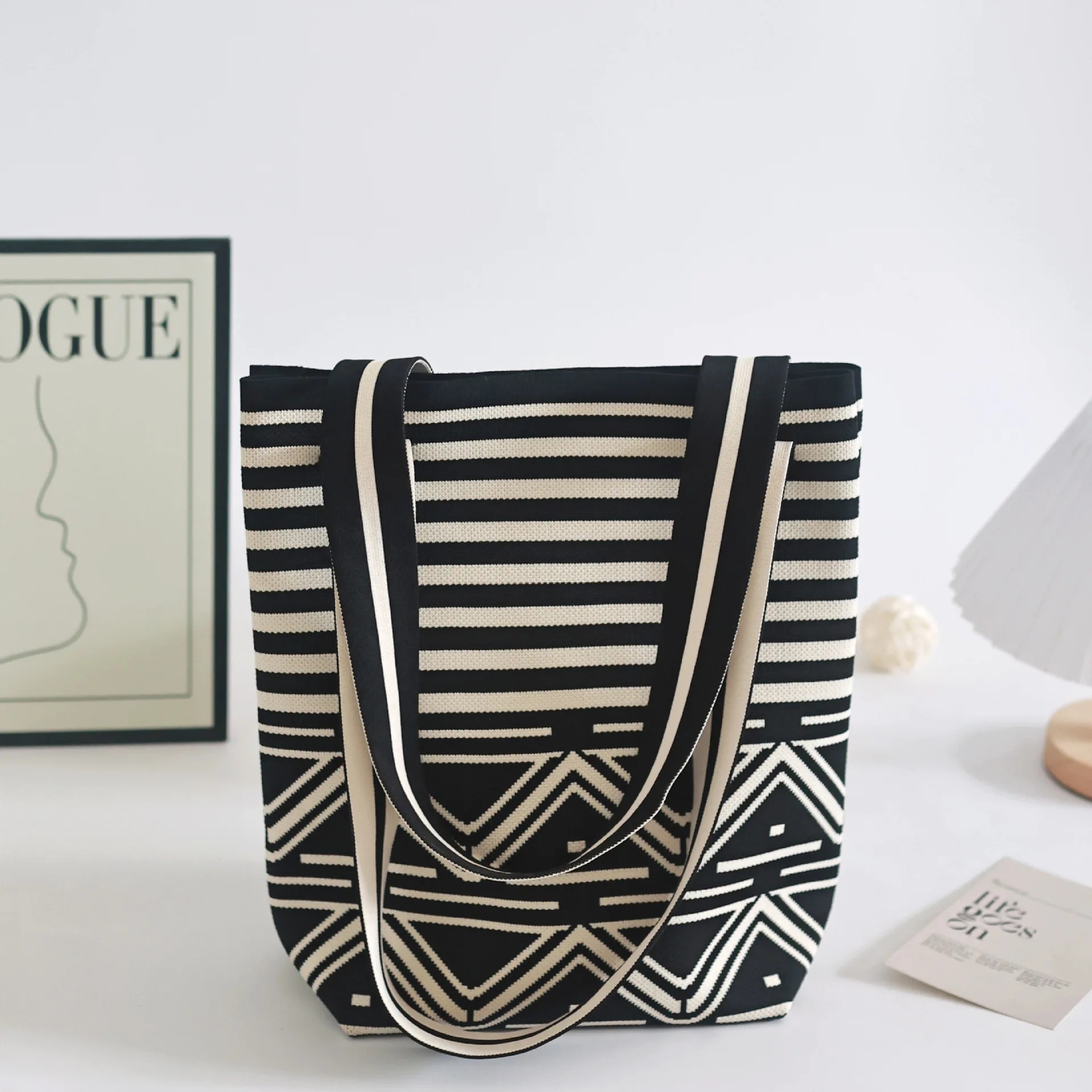 Bolso tipo cubo de punto de alta gama, bolso de hombro para mujer, bolso de de gran capacidad, estilo minimalista Neutral, fibra de poliéster: Azul