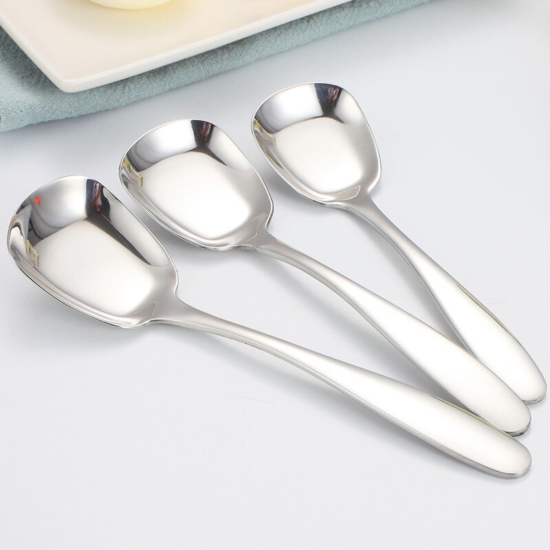 3 st/set fyrkantig sked rostfritt stål plattbottnade skedar stora medelstora små salladsbestick dessertscoops soppa servis: Silver-
