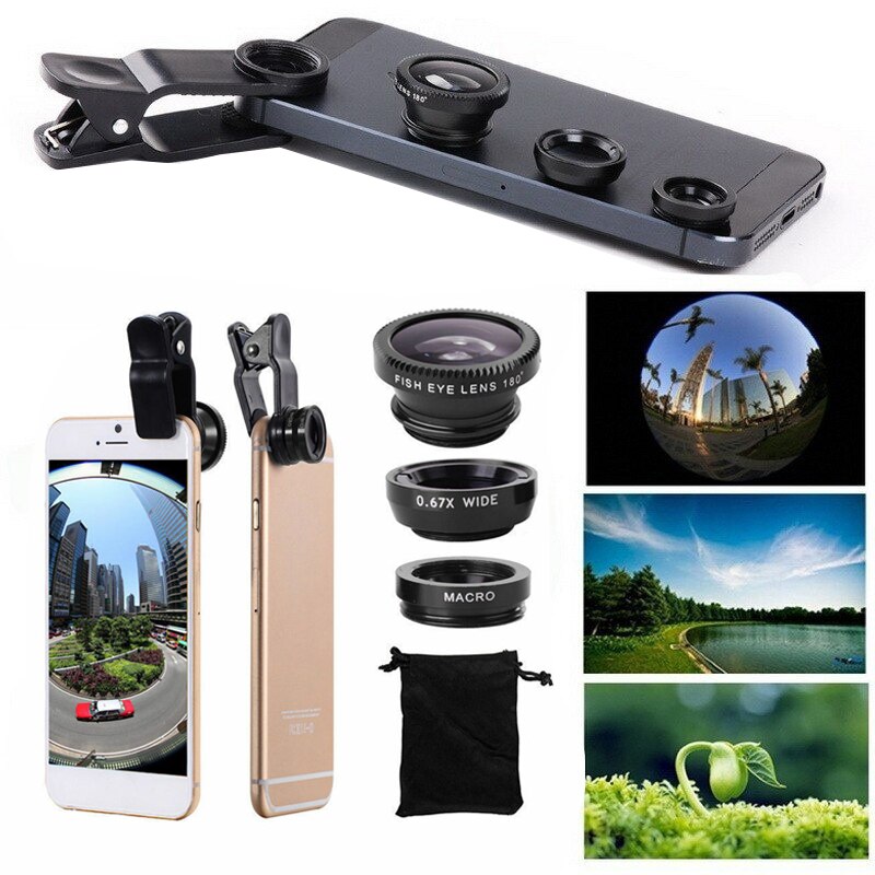 Lente de ojo de pez 3 en 1, gran angular, Macro ojo de pez, Zoom, Kit de lentes con Clip para iPhone, Xiaomi, Samsung, teléfono móvil, lente de cámara