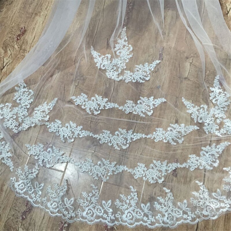 Velo de novia largo de una capa, velo de novia con apliques para mujer, velo de novia de malla de tul con peine, velo largo para la catedral, velo de novia