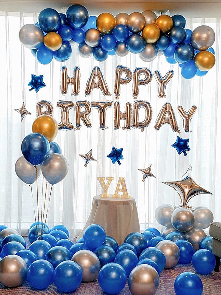 Junge Glücklich Geburtstag Party Dekoration Ballon Zehn Jahre 10 Jahre Alt 12 Jungen Party Szene Layout Hintergrund Wand Requisiten