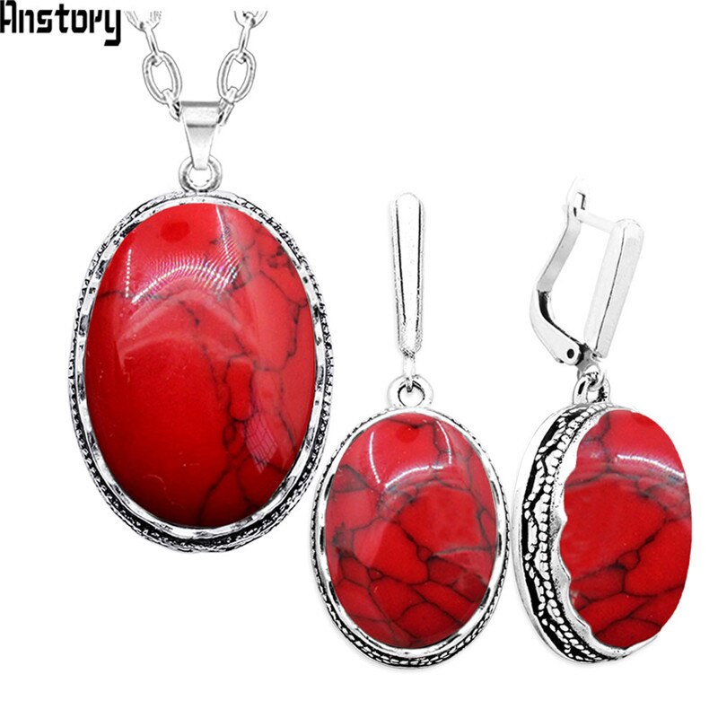 Flower Pendant Oval Natural Stone Necklace Earrings Jewelry Set For Women Antique Silver Plated Stainless Steel Chain TS336: Red Stone