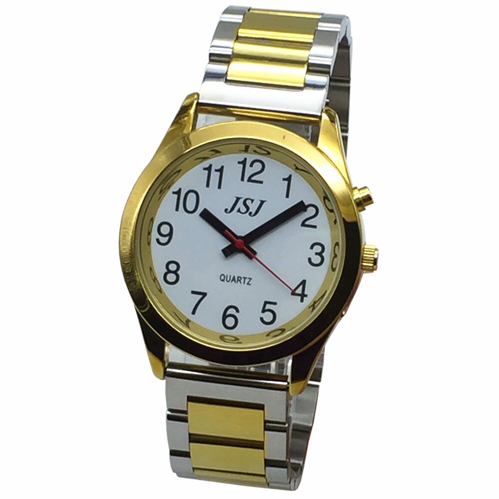 Franse Praten Horloge met Alarm Functie, Praten Datum en tijd, Witte Wijzerplaat, Vouwsluiting, golden Case TAF-705