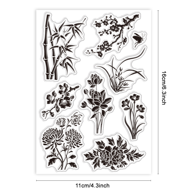 1 unidad de silueta de pradera de flores silvestres, sello transparente, flores Vintage, plantas, sellos de goma transparentes, sellos de silicona de 6,3x4,33 pulgadas: Champán