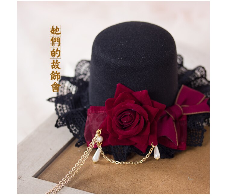 Gothic LOLITA top hat tassel rose cross top hat hairpin headband KC gothic hat hair accessories: Default Title