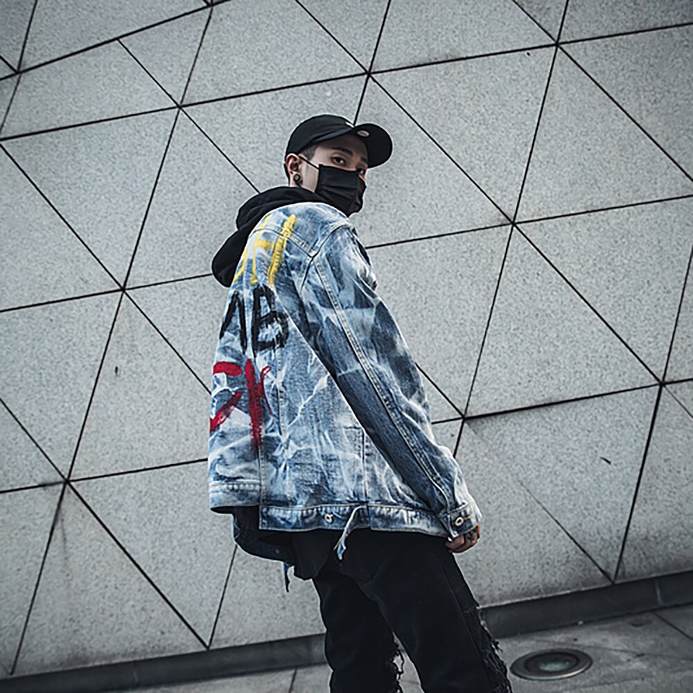 Chaqueta vaquera pintada a mano para hombre, chaqueta Harajuku, azul, Otoño,