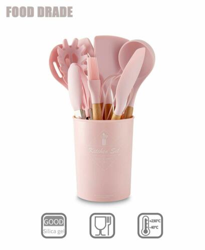 Muestra de juego de utensilios de cocina de silicona moderna 12 Uds mangos de madera espátula de cocina para no Stic: Rosa