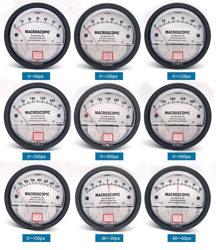 Jauge de différence de Micro-pression d'air pascal differenece mètre 0-30 Pa, 60 Pa, 100 Pa, 125 Pa, 250 Pa, 300 Pa, 500 Pa, 750 Pa, 1kPa, 5kPa etc.