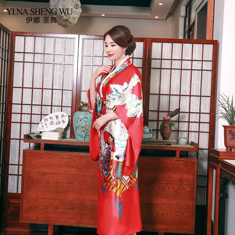 Kimono japonés mujer verano ropa de ocio Kimono Albornoz estampado de satén mujeres estilo largo traje de Cosplay japonés tamaño libre