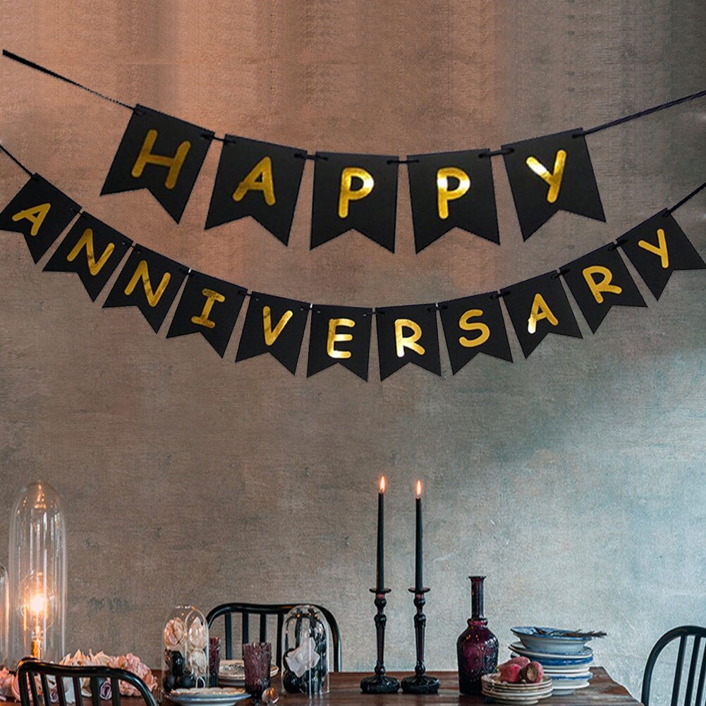 Happy Anniversary Banner Sparkling Gold Foiled Sign Banner Bronzing Letter Pull Flag Anniversary Party Wedding Decoration