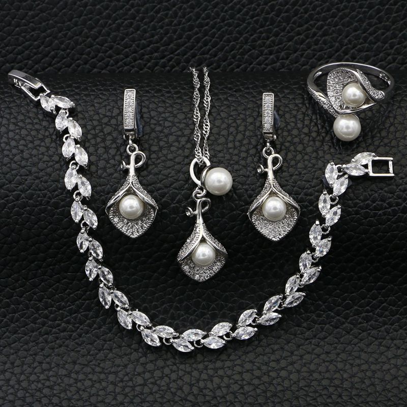 925 silber Braut Schmuck setzt für Frauen Hochzeit Dekoration Weiß Perle Kristall Halskette/Ohrringe/Armbinde/Anhänger/Ring