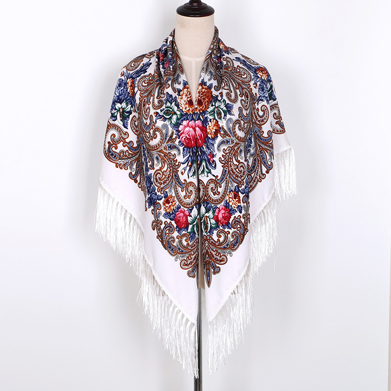 Rysk halsduk ukrainska fransade sjalar traditionella blommiga polska kvinnor hals huvud wrap vintage antik huvud hijab scarf poncho: Vit 2