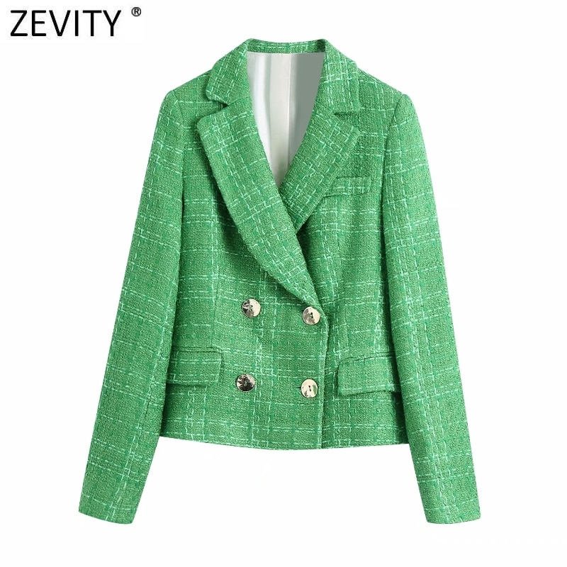 Zevity-Chaqueta de lana de Tweed para mujer, ropa de estilo inglés con doble botonadura, verde, Vintage, manga larga, trajes Chic, Tops CT695