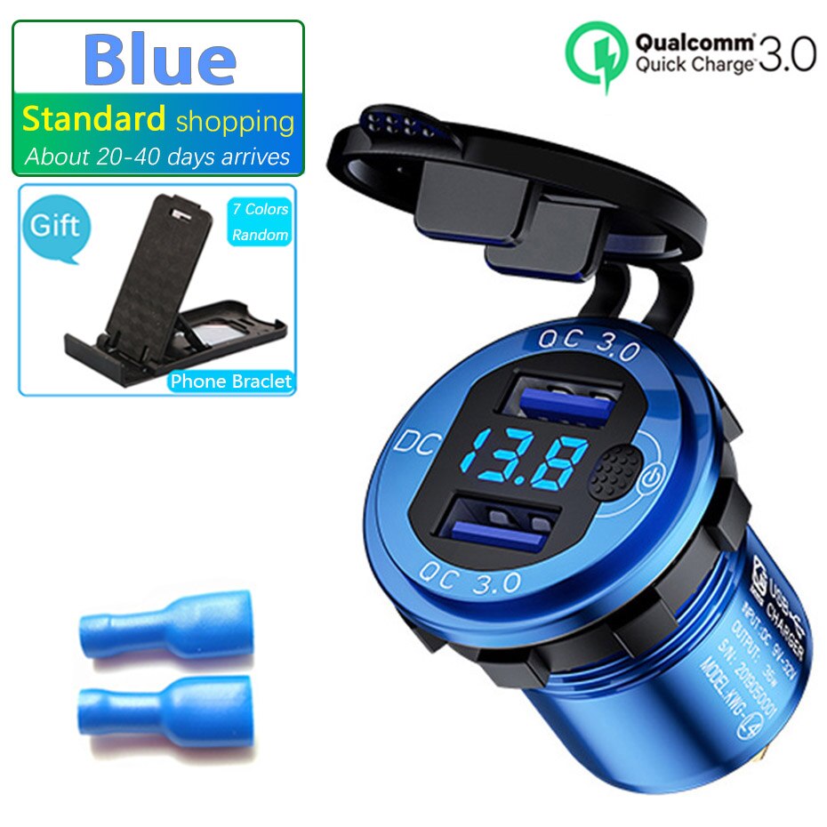 12V/24V 36W QC3.0 Metalen Auto Aansteker Plug Led Display Schakelaar Waterdichte Usb Charger Socket voor Telefoon Tablet: Blue-Standard