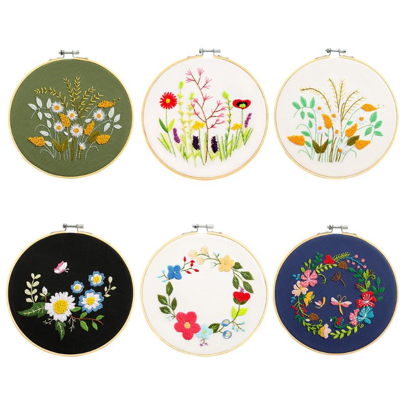 3 Sets Embroidery Starter Kit Cross Stitch Clothes with Floral Patterns Hoops
