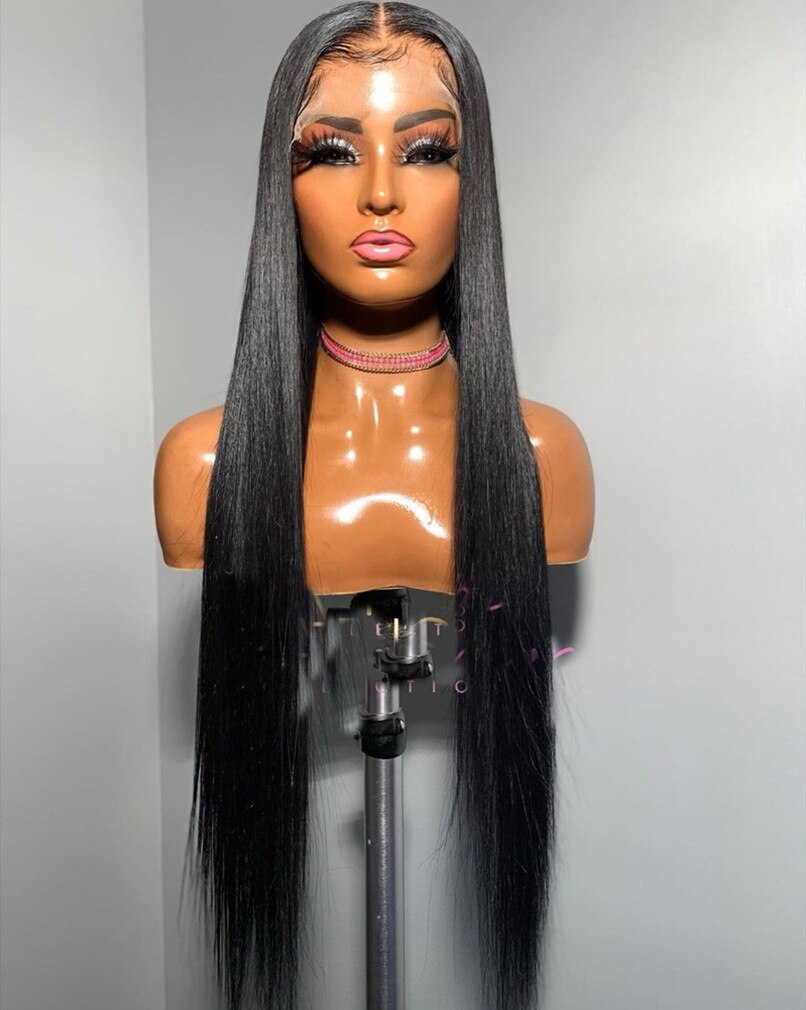 Perruque Lace Front Wig lisse sans colle noire naturelle, 22 pouces, avec Baby Hair, naissance des cheveux naturelle, 180% de densité, , pour femmes