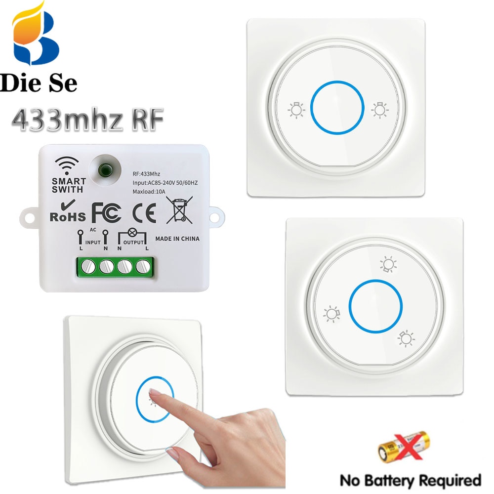 433mhz Rf Wireless Kinetic Switch Self-Powered Wall Switch No Battery Need and 220V 10A Relay Receiver for Light/home Appliance