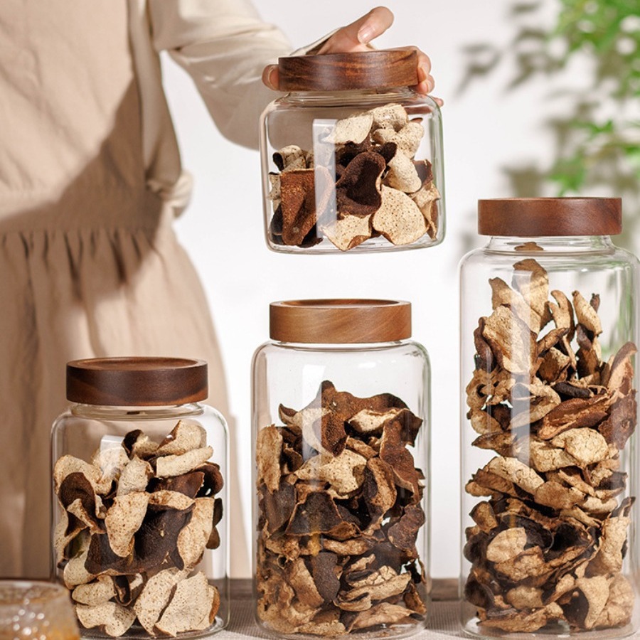 Neue kleine Vorratsdosen aus Glas mit luftdichten Deckeln, Kaffeebehälter mit Holzdeckel, Glas-Speisekannen für Bohnen, Reis, Zucker