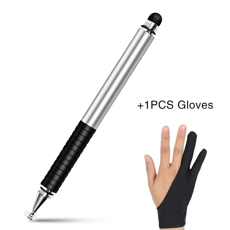 Bolígrafo Stylus Universal 2 in1 para Ipad lápices de Tablet dibujo lápiz táctil capacitiva pantalla pluma Stilus Smart Pen para la PC del teléfono móvil: Silver add Gloves