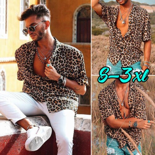 Skjorte med leopardknapper til mænd, sommer korte ærmer plus fritidsskjorter i størrelse